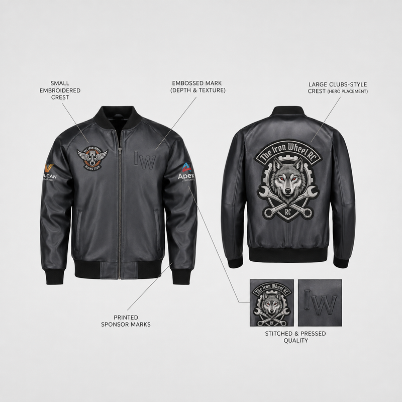 Leather jacket showing logo and patch placement zones