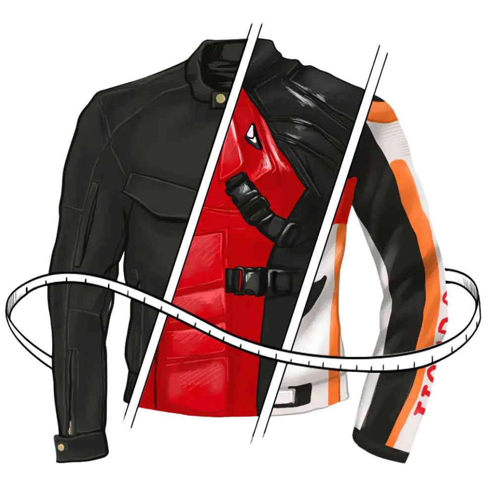 Front view of a custom leather motorcycle jacket featuring an asymmetrical zip closure, wide notched lapels, and heavy-duty metal hardware.