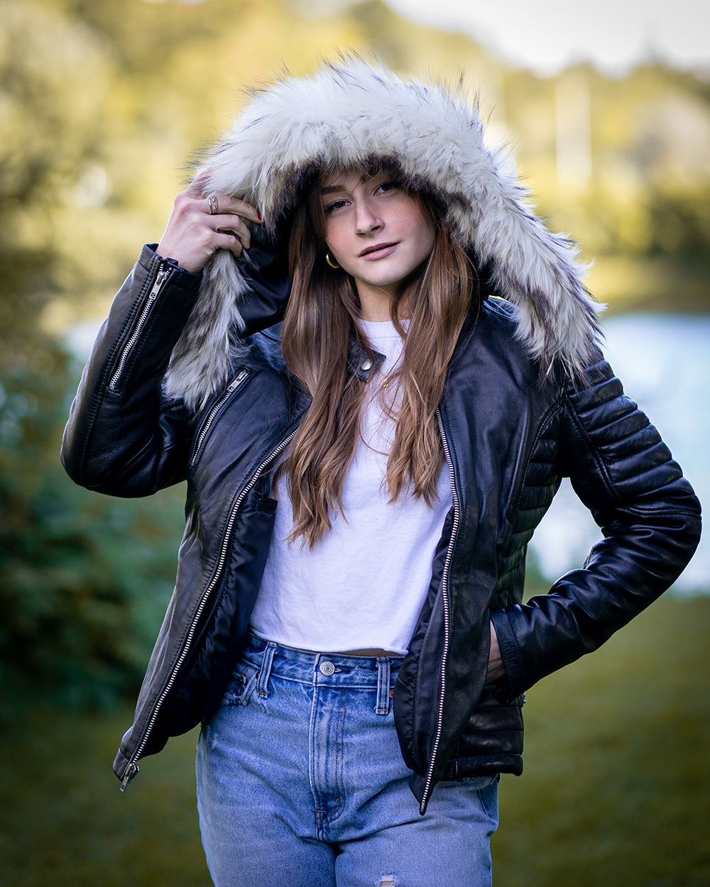 Larissa's Black Leather Jacket with Hoodie and Fur Trim