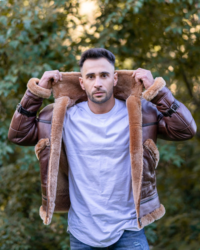 Esa Brown Bomber Sheepskin Shearling Jacket with large pockets