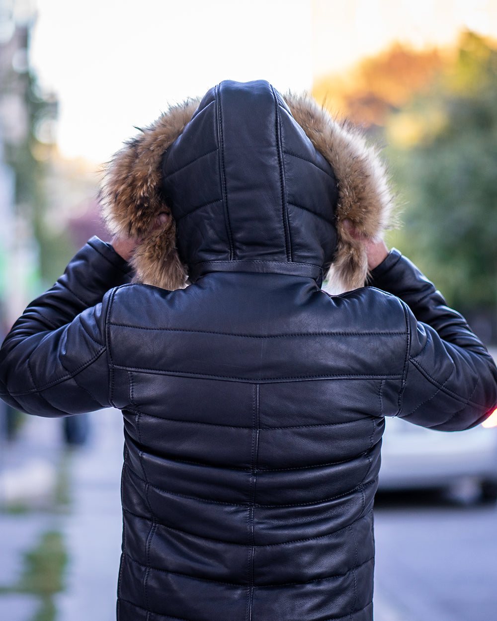 Rossi's polyfill winter leather jacket with fur on hoodie