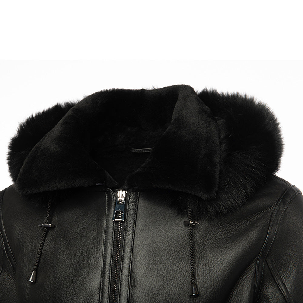 Felix black bomber shearling jacket with hoodie