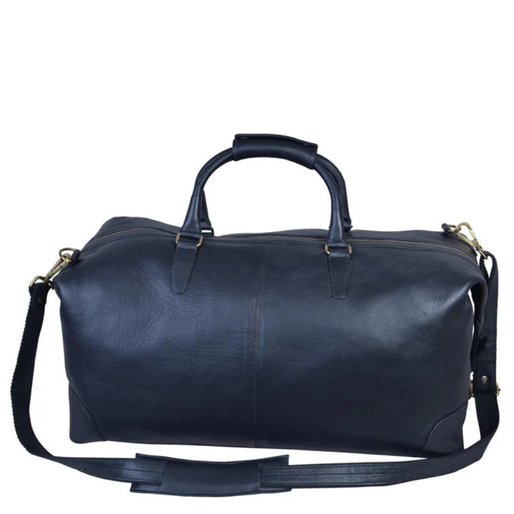 Duffy's black leather travel duffel bag