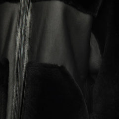 Close-up of a black leather jacket with a zipper