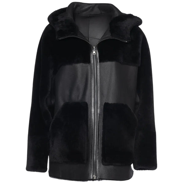 Elena Black Oversized Reversible Shearling Jacket