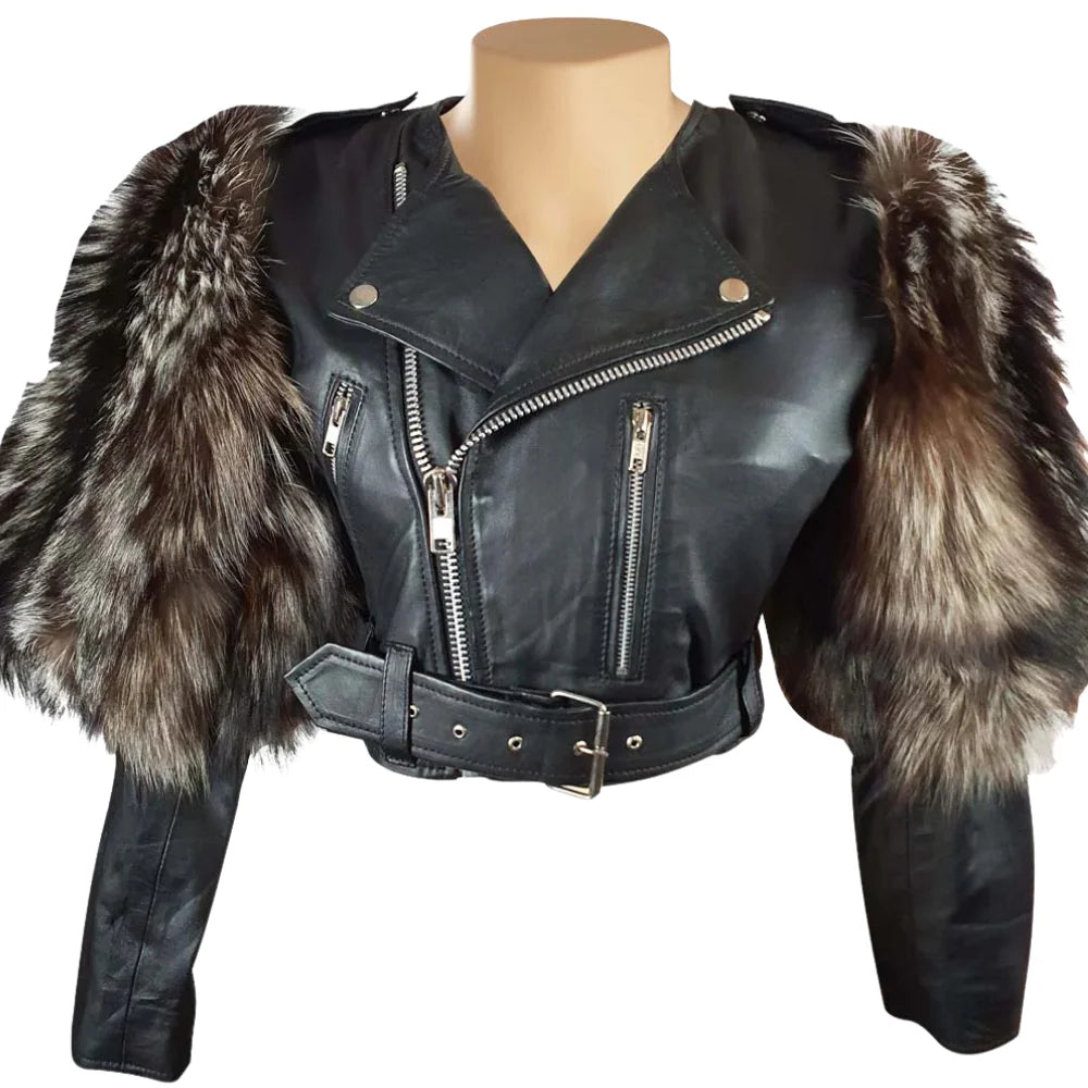 Jasmine Becker cropped leather jacket featuring voluminous real fox fur sleeves and a matching adjustable belted waist.