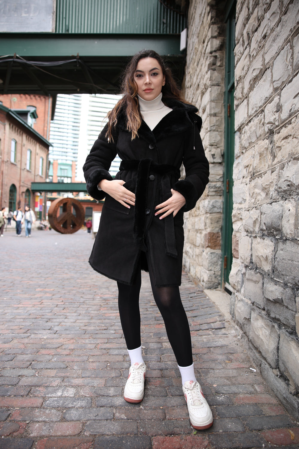 Melissa Black suede shearling coat with belt