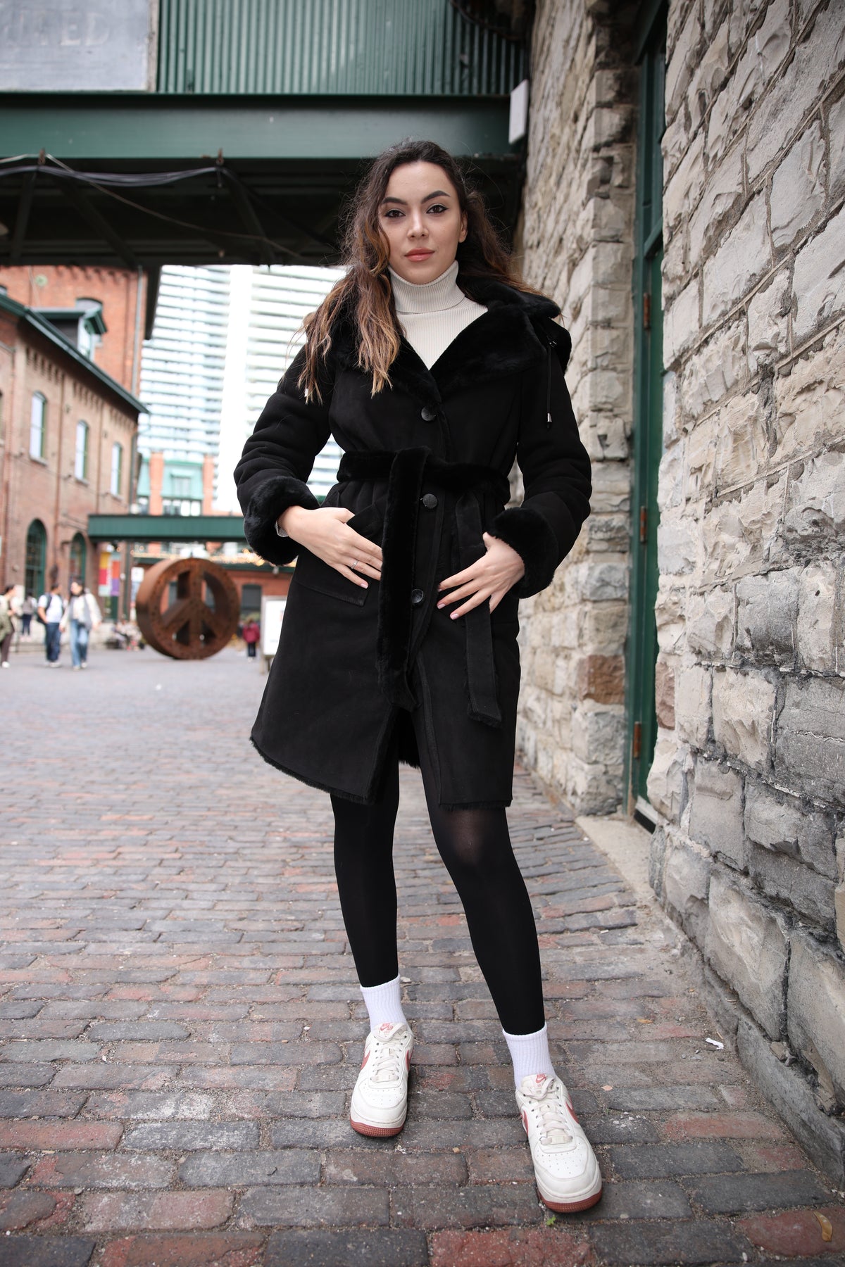 Melissa Black suede shearling coat with belt
