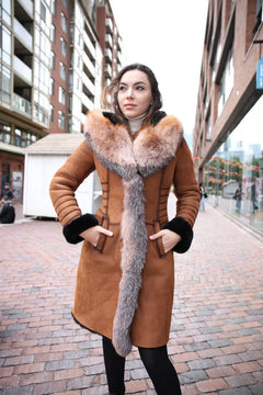 Chantal's Tan Shearling coat with large fox fur hoodie and trim