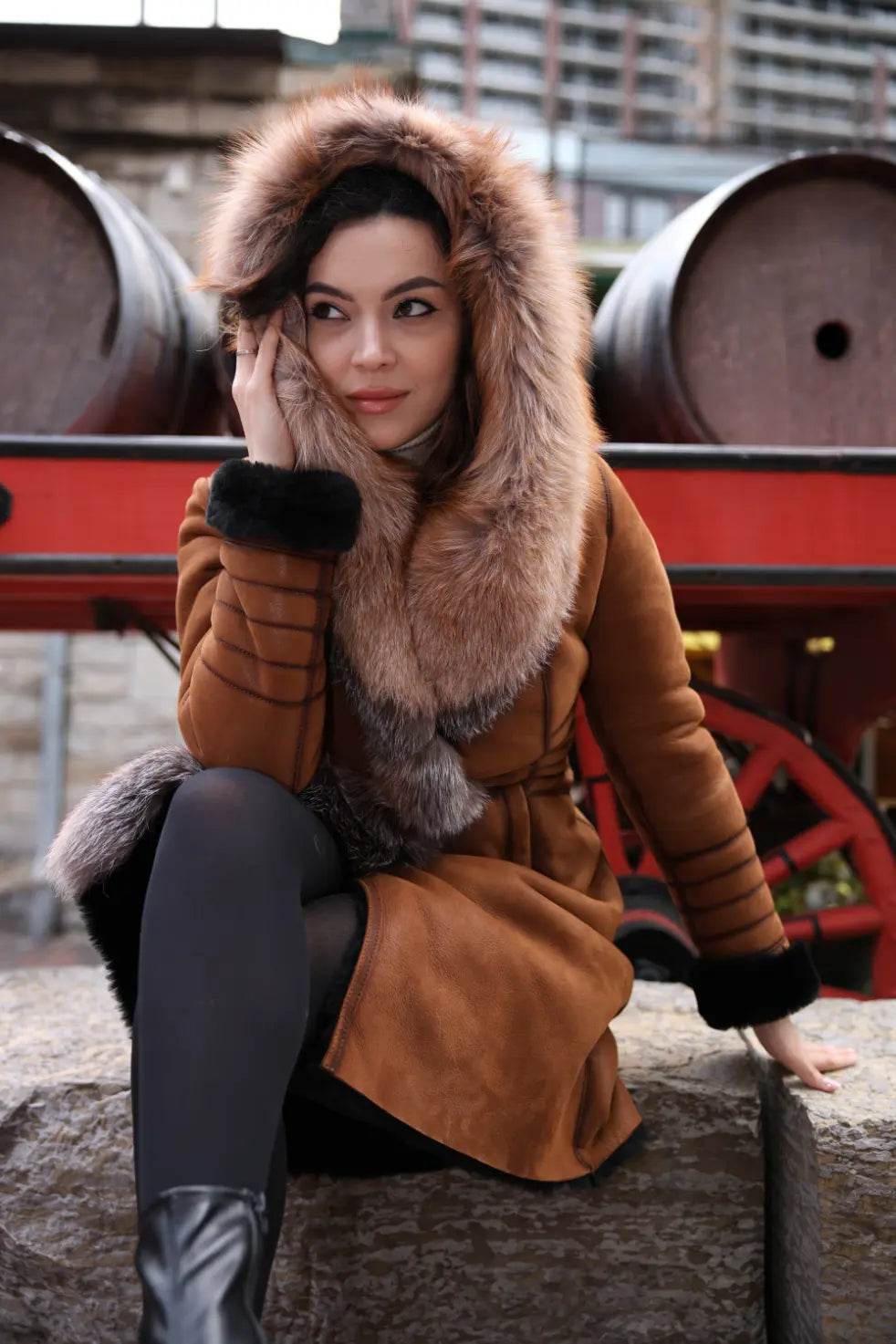Chantal's Tan Shearling coat with large fox fur hoodie and trim