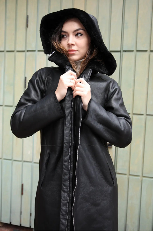 Avalon black oversize Reversible Sheepskin long coat
