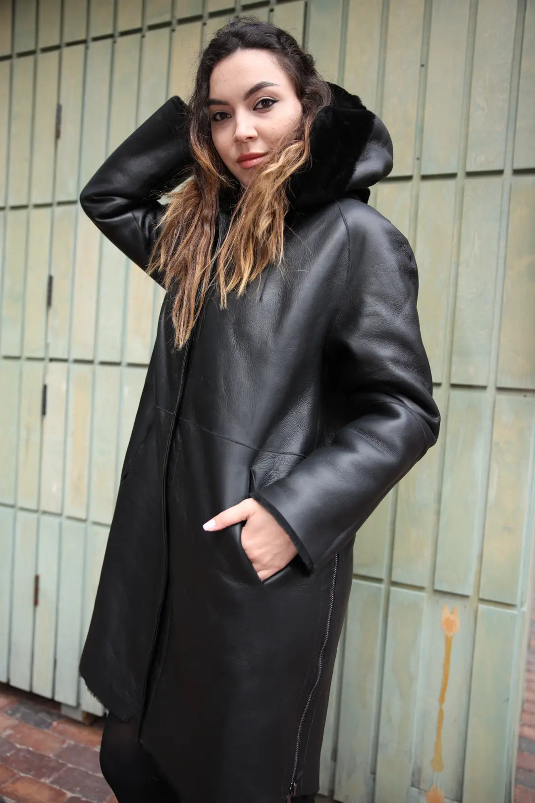 Avalon black oversize Reversible Sheepskin long coat