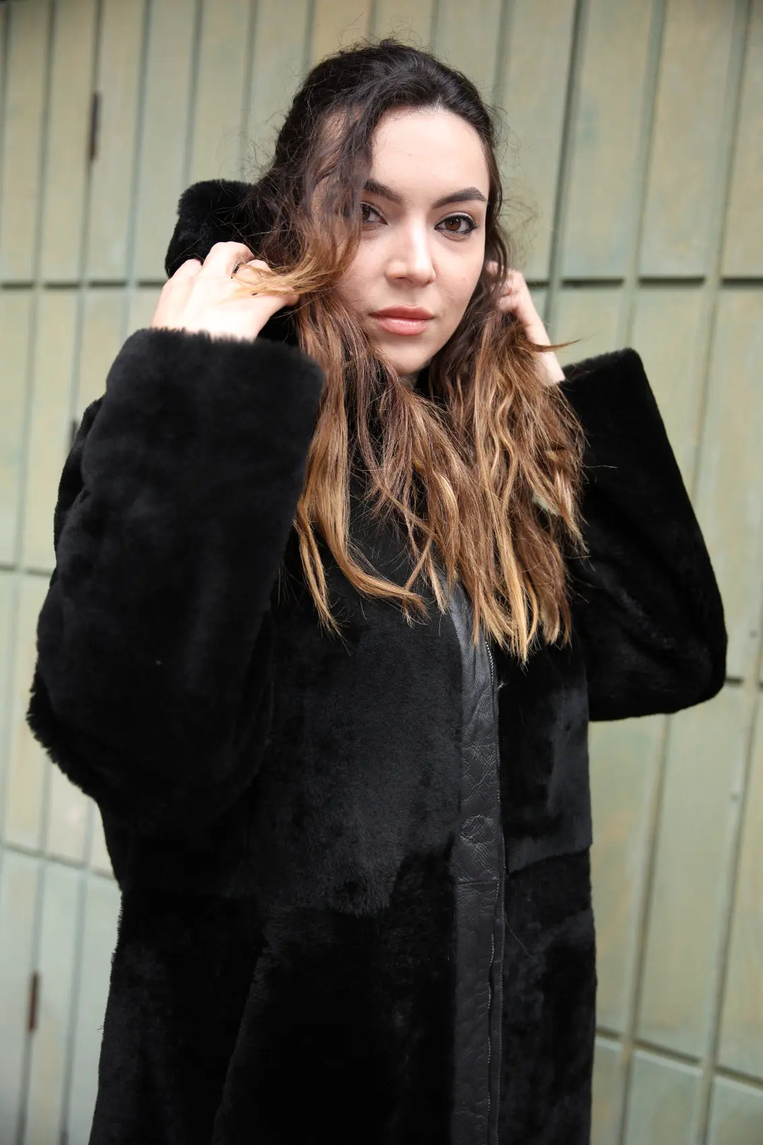 Avalon black oversize Reversible Sheepskin long coat