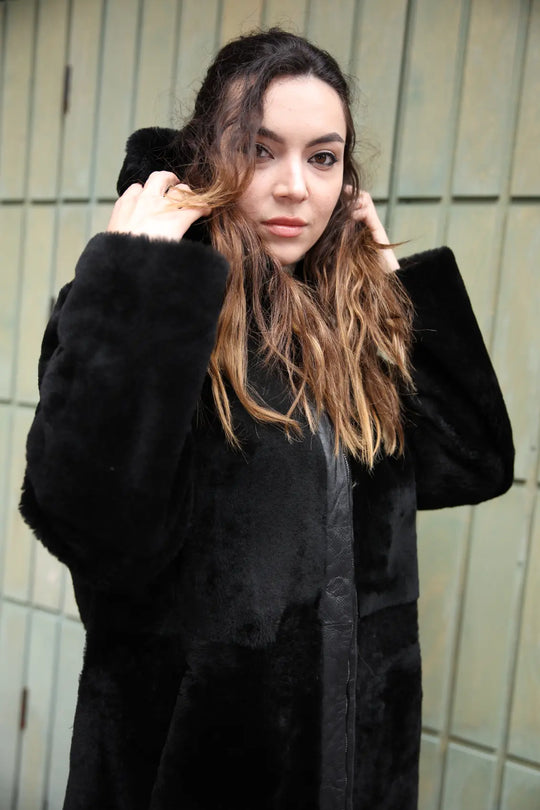 Avalon black oversize Reversible Sheepskin long coat