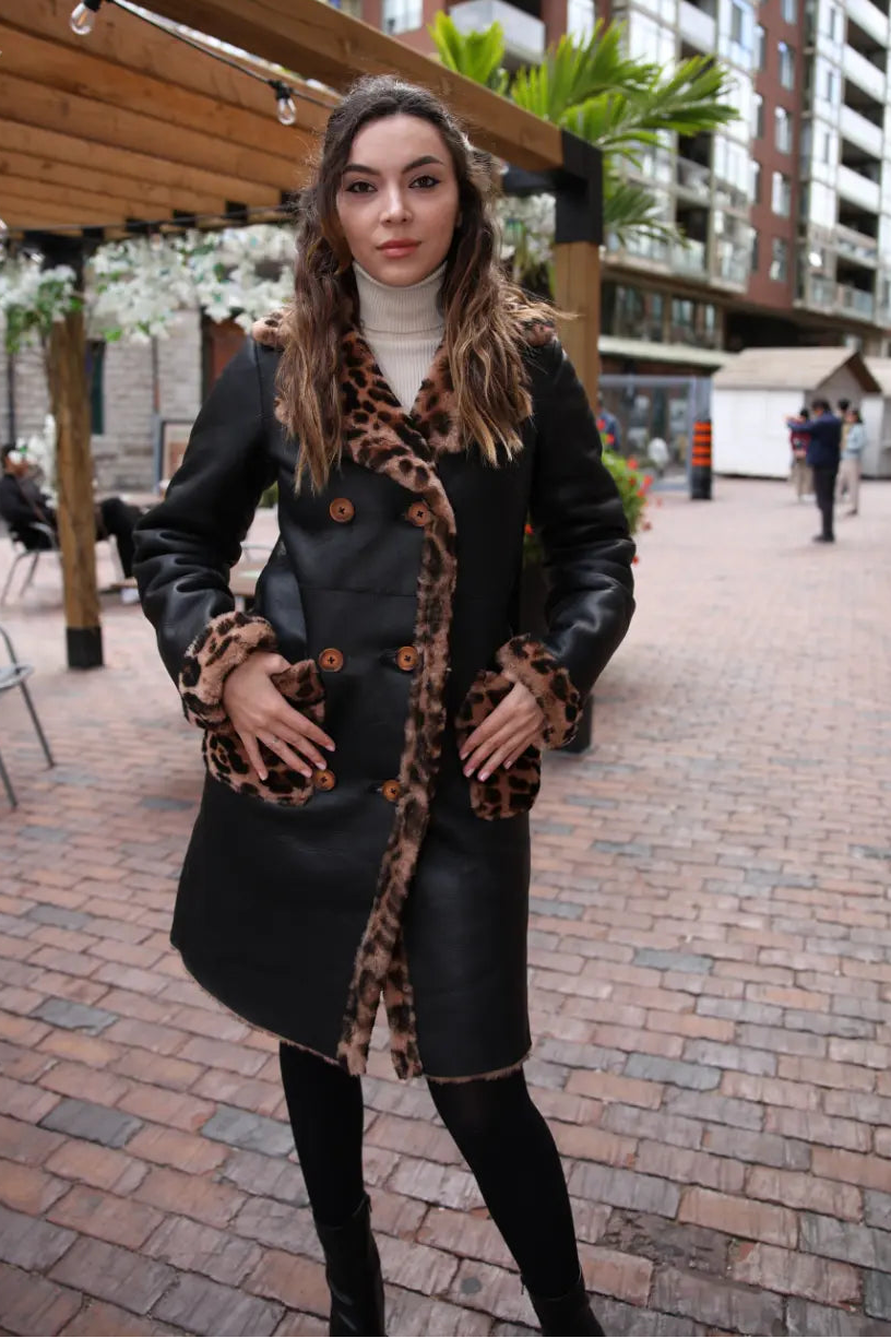 Seraphina Leopard print double breasted shearling Leather Coat