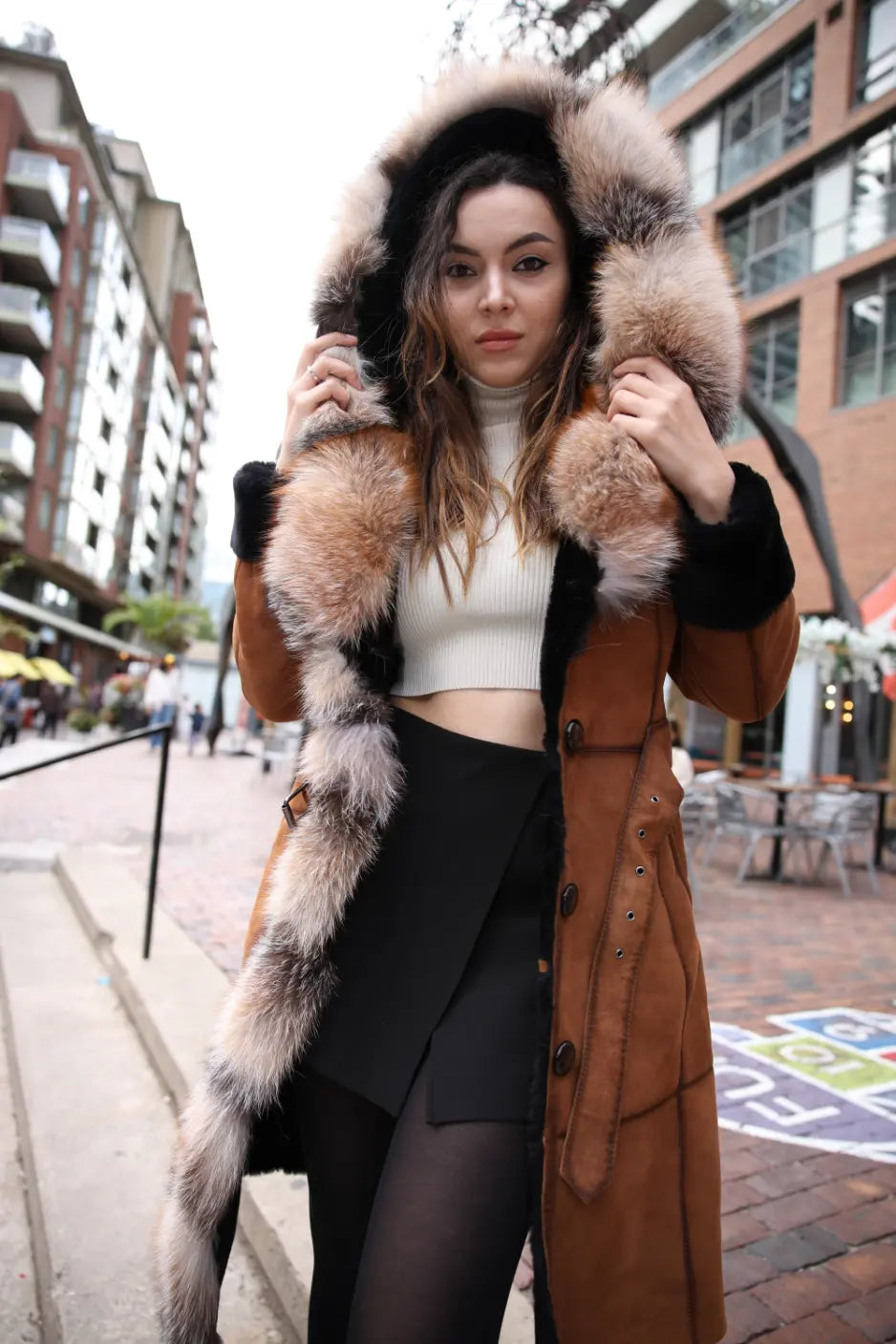 Ellie's shearling hooded coat with crystal fox fur