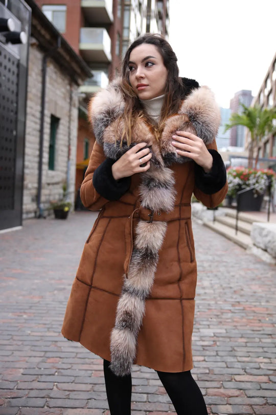 Ellie's shearling hooded coat with crystal fox fur