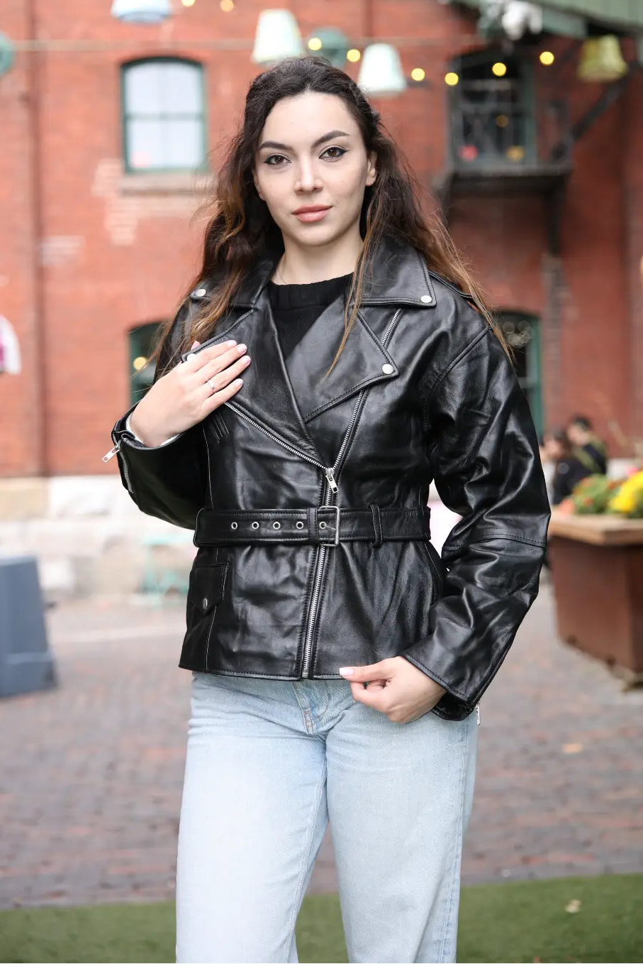 Zelora black oversized biker style jacket