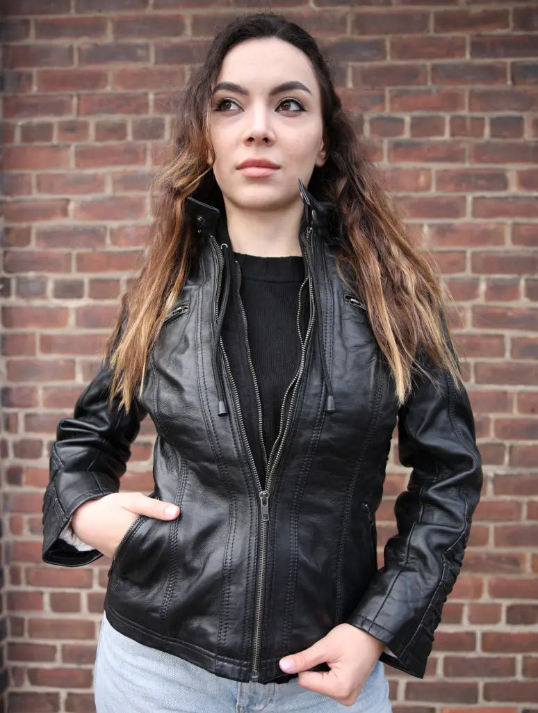 Women's black leather jacket with piping details