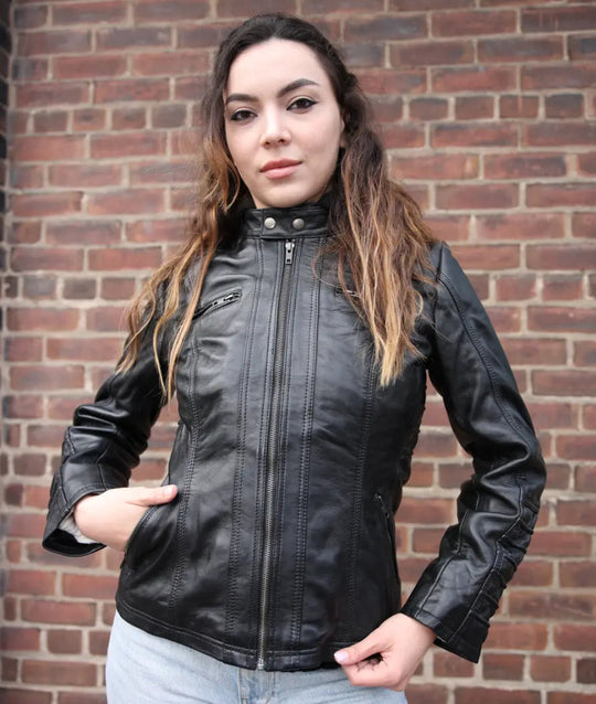 Women's black leather jacket with piping details
