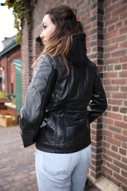 Women's black leather jacket with piping details