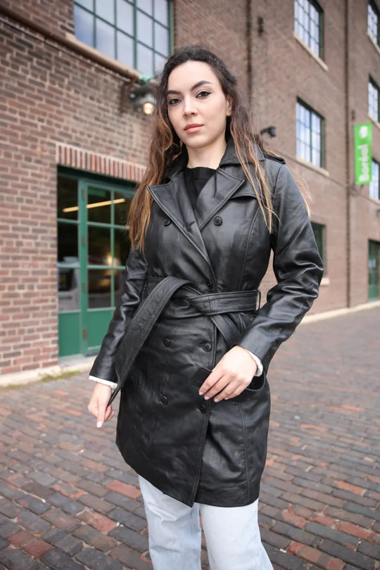 Coral black belted leather coat
