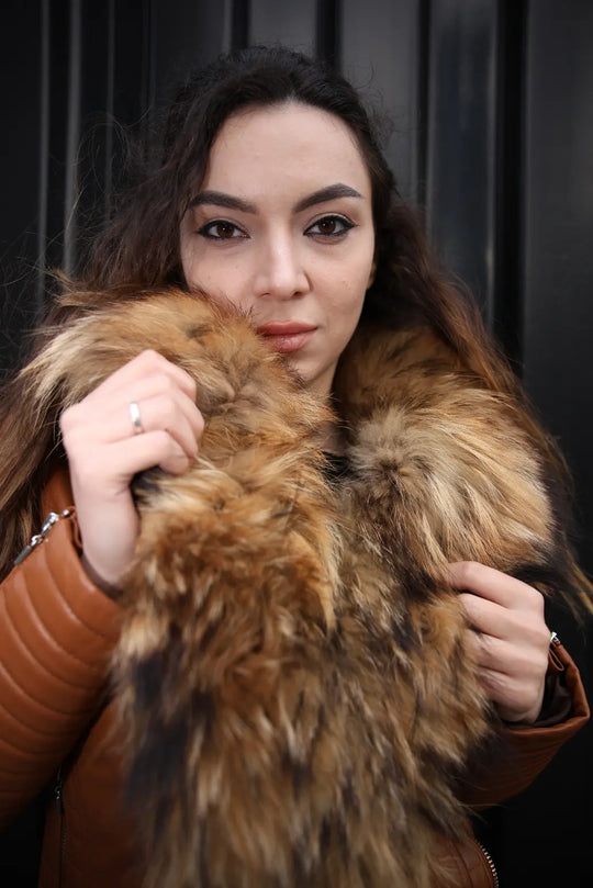 Women's Large Fur Shawl leather jacket with ribbed sleeve detailing