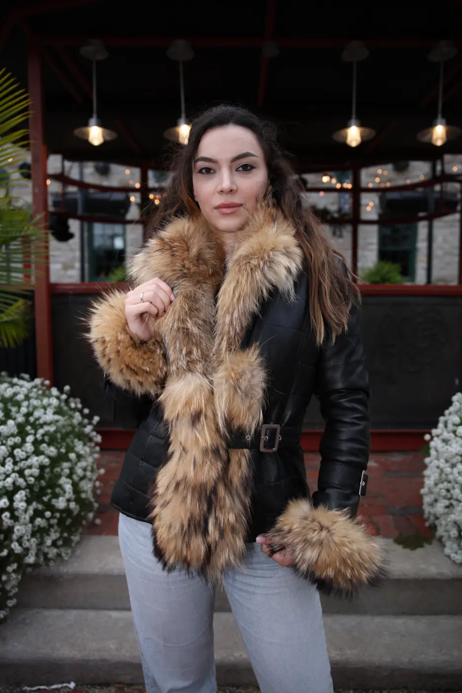 Jami black winter jacket with real fur trim