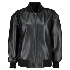 Front detailed view of the Mabel black leather bomber jacket featuring an oversized fit, ribbed knit collar, and a concealed front zipper.