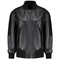 Front view of the Mabel black leather bomber jacket featuring an oversized fit, ribbed knit collar, and a concealed front zipper.