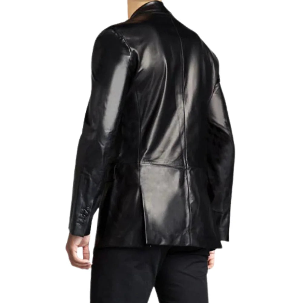 Back view of the oversized black leather blazer, highlighting its bold and contemporary silhouette.