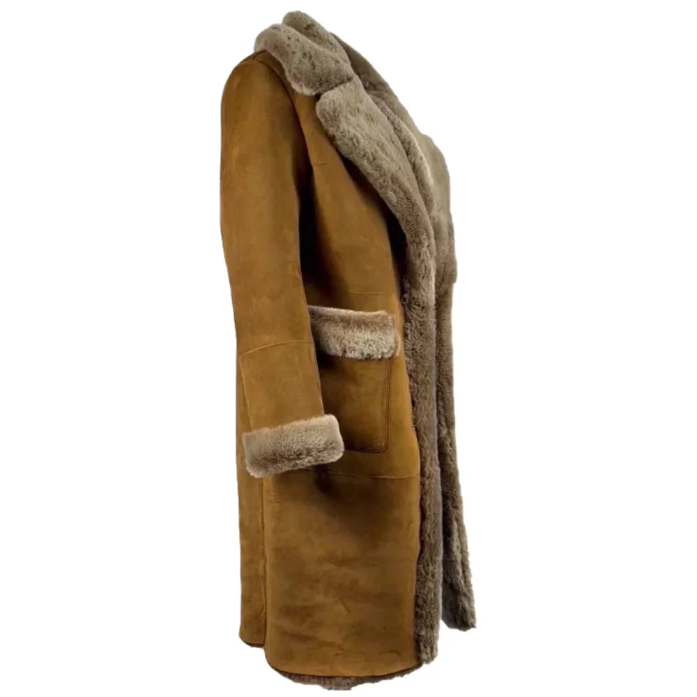 Side view of the Sabina Tobacco oversized long shearling coat, showcasing its relaxed fit and elegant silhouette.