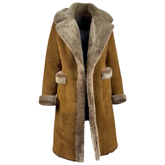 Front view of the Sabina Tobacco Oversized Long Shearling Coat, featuring a premium leather exterior and plush shearling lapels.