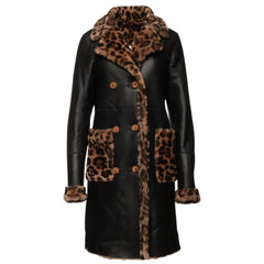 Full-length front view of the Seraphina oversized leather coat featuring a bold leopard print pattern and notched lapels.