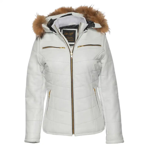 Snowy White Golden Metallic Leather Puffer Jacket