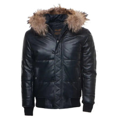 Close-up of the Traynor jacket’s hood, highlighting the soft, voluminous fur trim and the smooth leather texture of the crown.