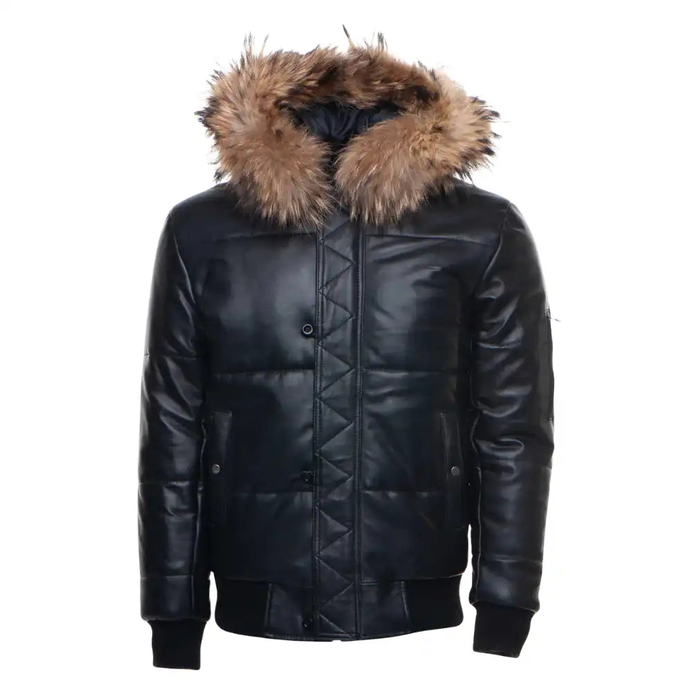 Close-up of the Traynor jacket’s hood, highlighting the soft, voluminous fur trim and the smooth leather texture of the crown.