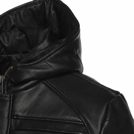 Jules black Buttoned up hooded leather jacket