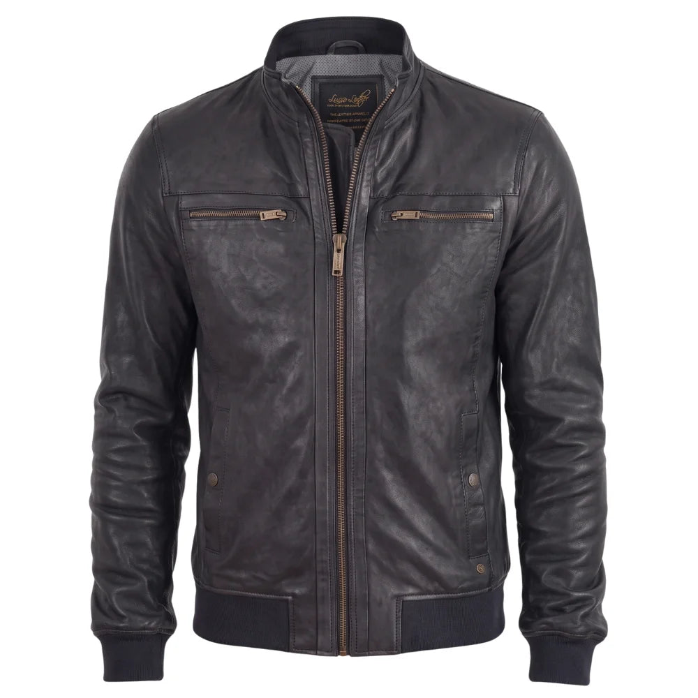 Black Leather Jacket with Ribbed Cuffs and Hem
