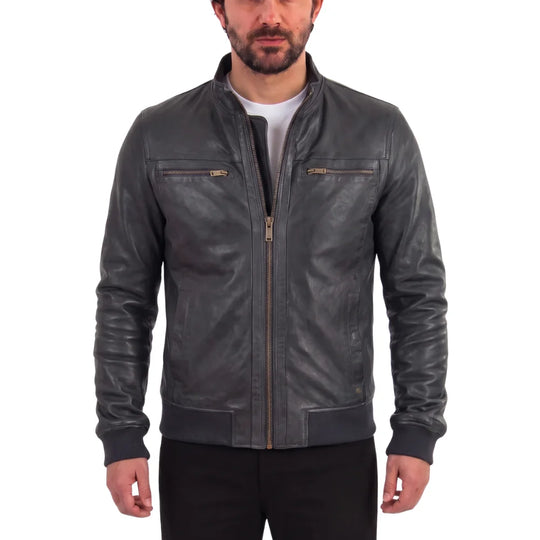 Black Leather Jacket with Ribbed Cuffs and Hem