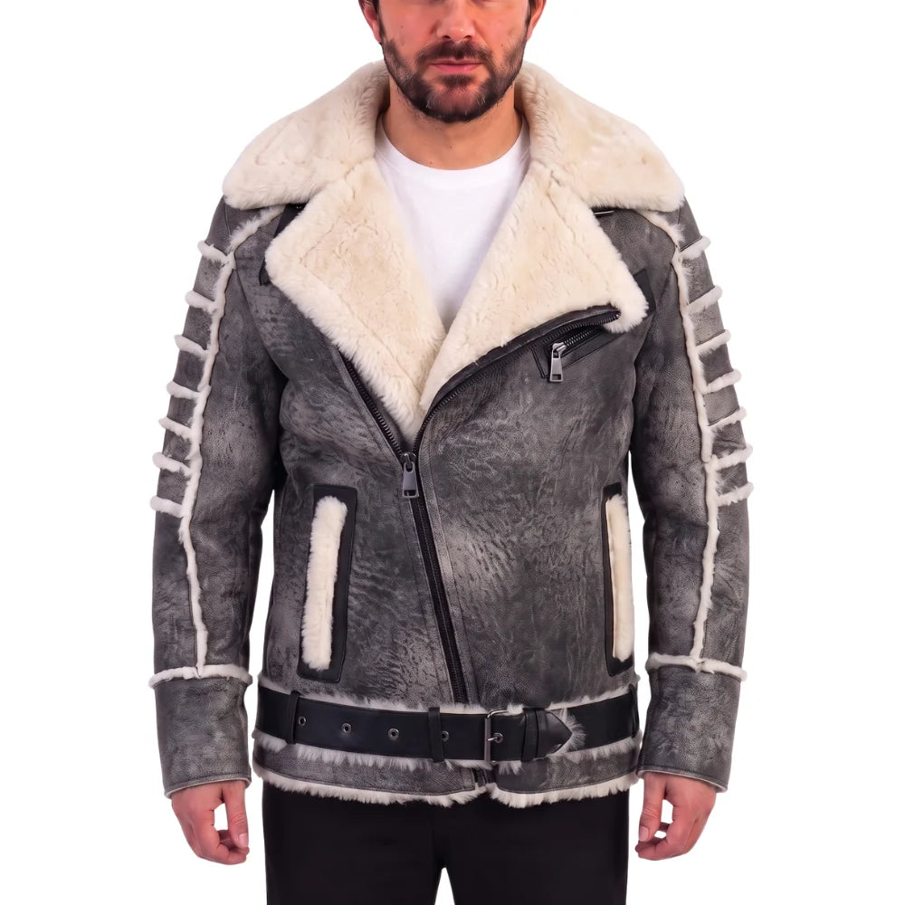 Albert Distressed Grey Shearling Leather Biker Jacket