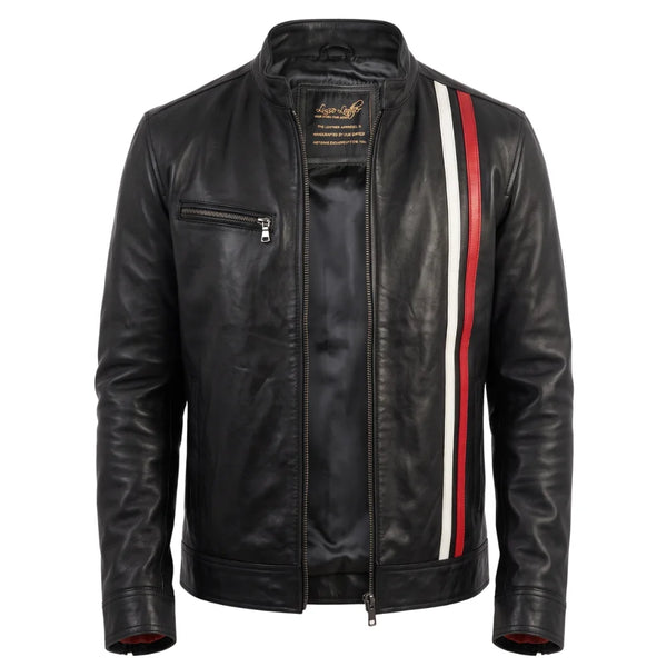 Plain Black Moto Style Jacket with Stripes