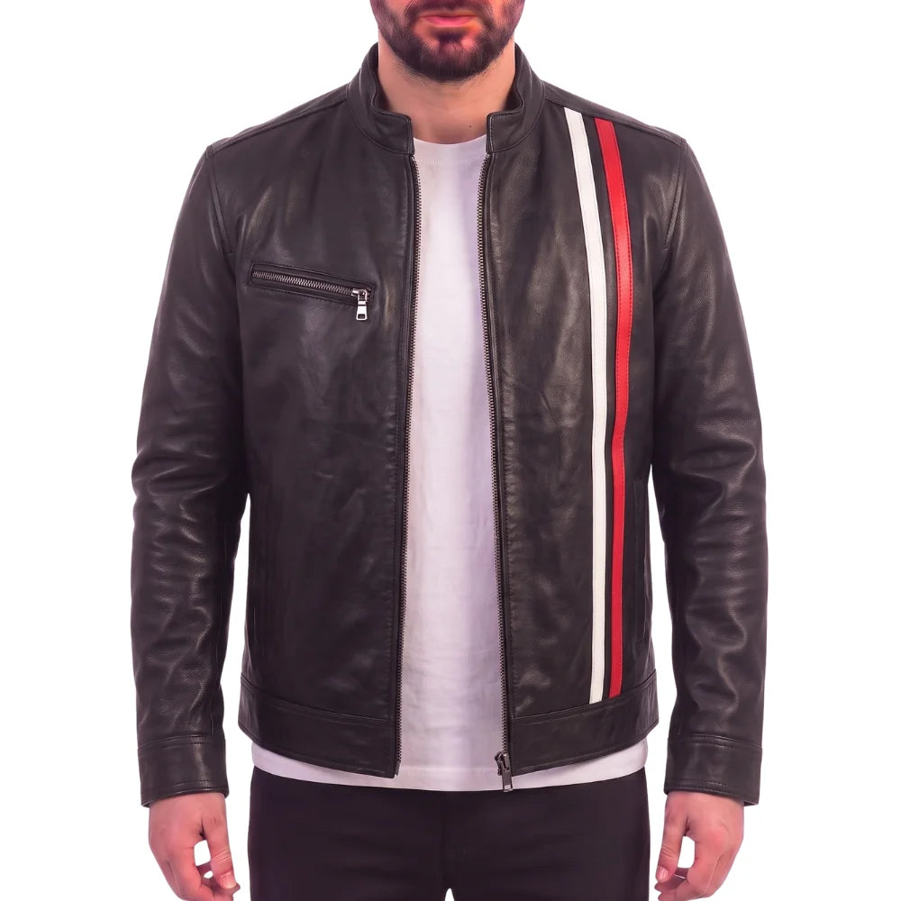Plain Black Moto Style Jacket with Stripes