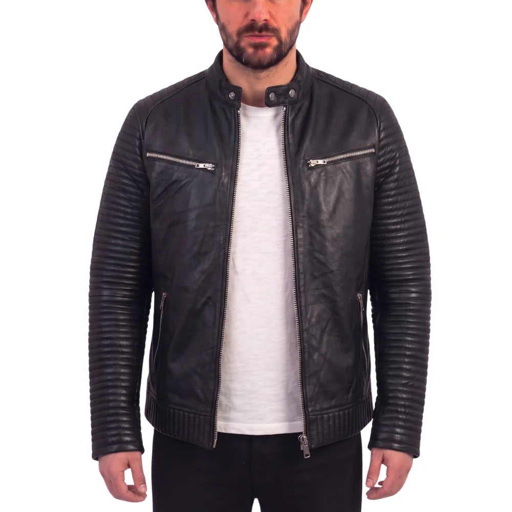Haworths moto style leather jacket with ribbed stitched sleeves