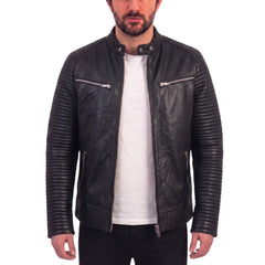 Haworths moto style leather jacket with ribbed stitched sleeves