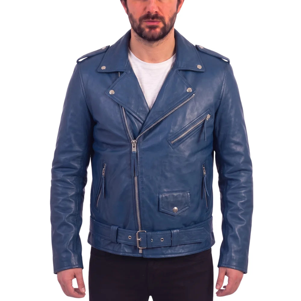 Kain Blue Belted Leather Biker Jacket