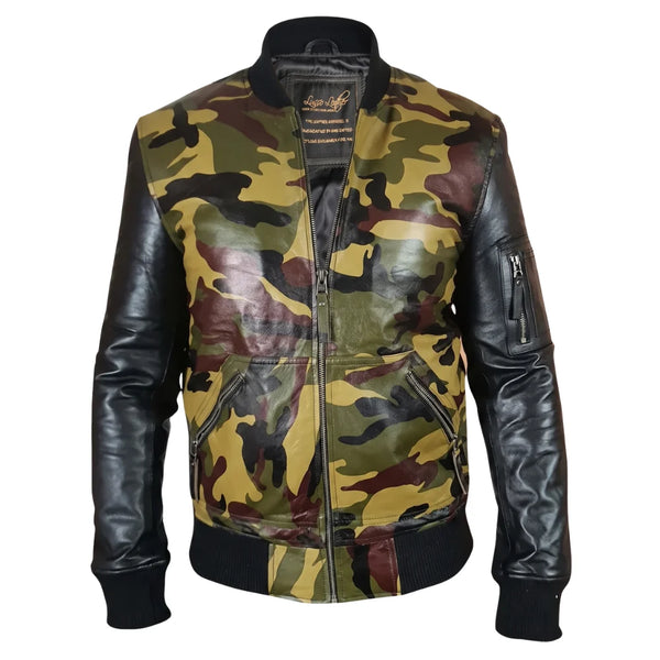 Bomber Camouflage Military print leather jacket with Back sleeves