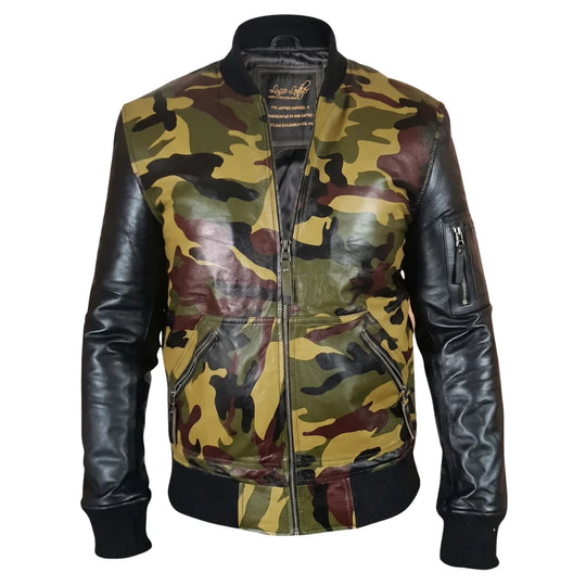 Bomber Camouflage Military print leather jacket with Back sleeves