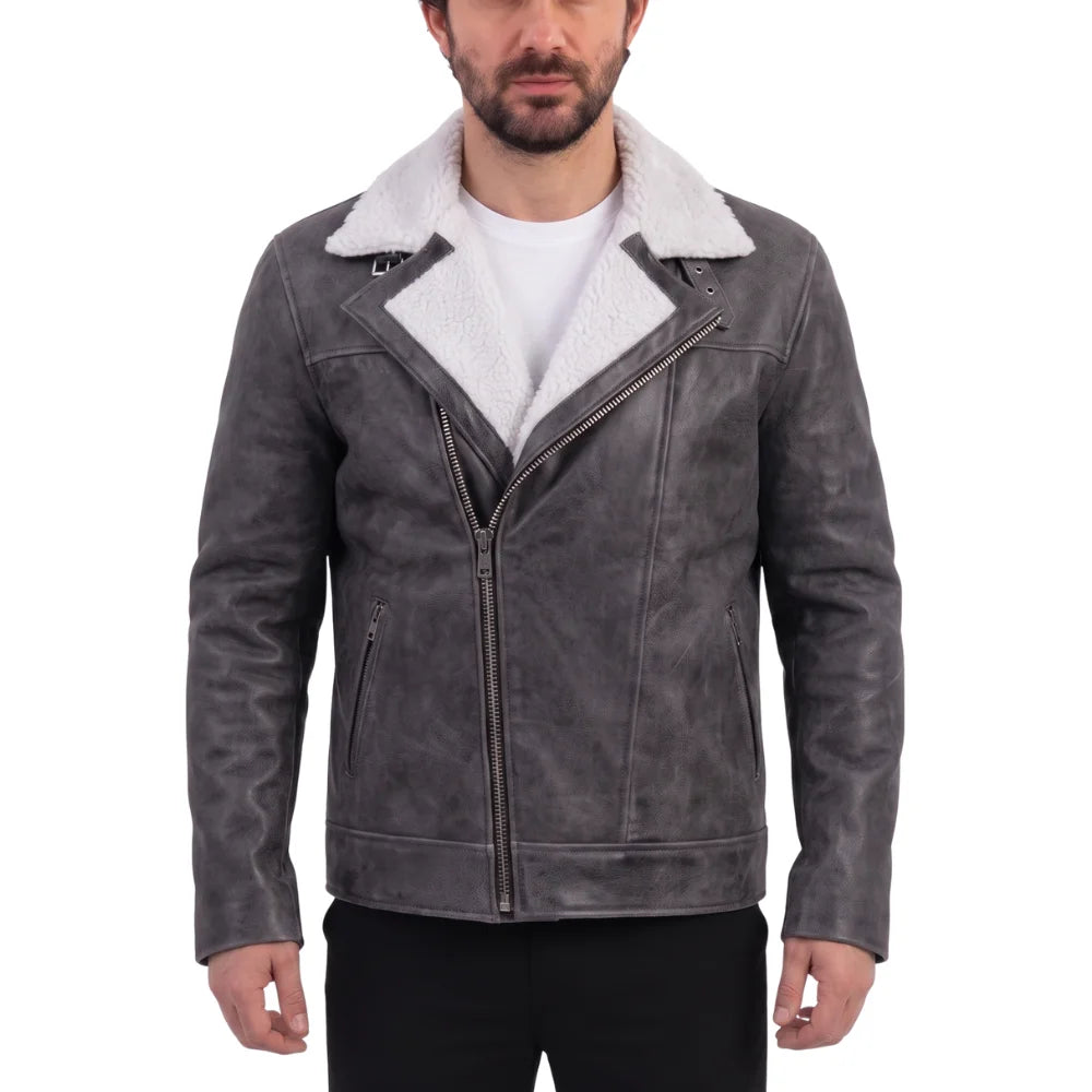 Vintage Grey Leather Biker Jacket