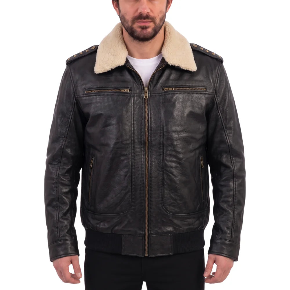 Alaric black bomber jacket with shearling collar